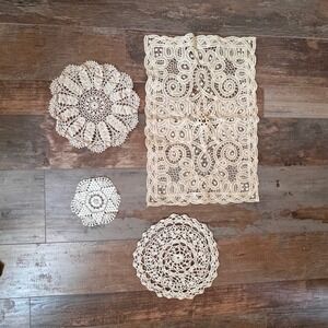 VTG Handmade Crochet Doily Lot 4pc Cream Off White Battenberg Lace Mixed Sizes